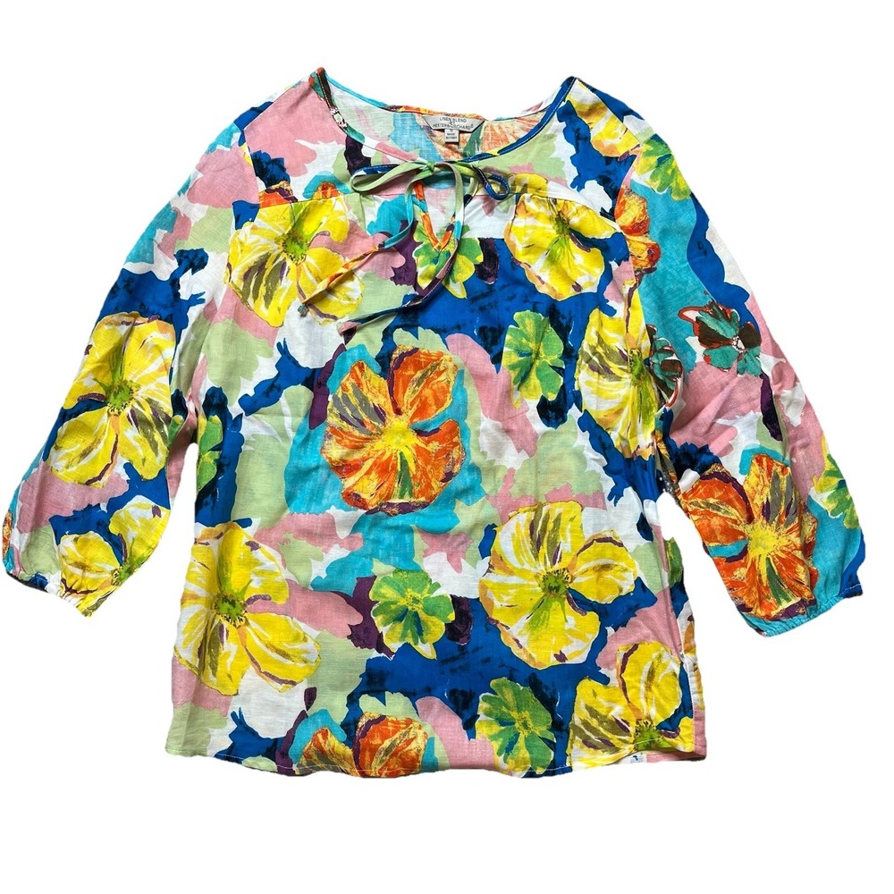 Hester & Orchard Womens Colorful Linen Blouse Top S Beach Travel Boho Resort
